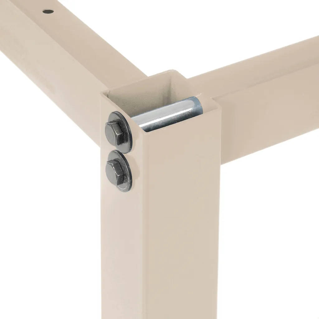 A close-up of a workbench frame