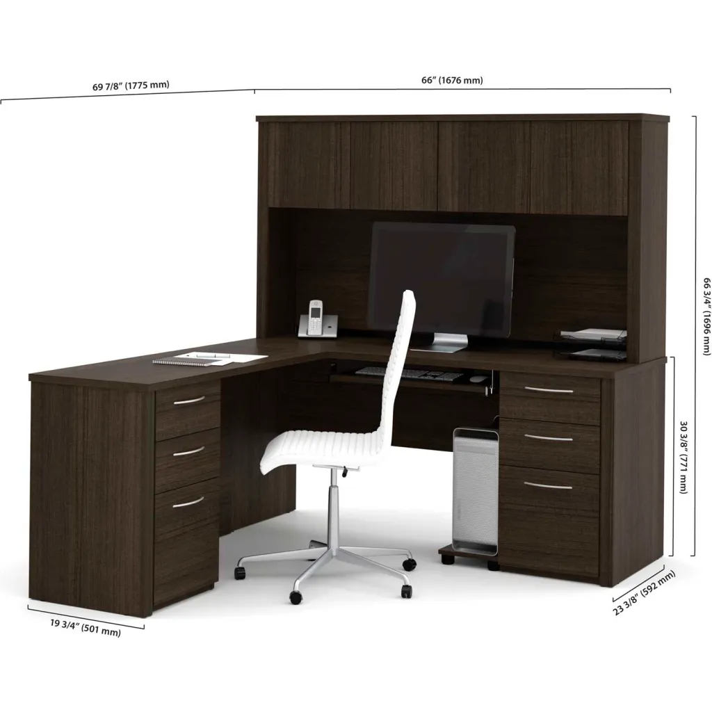 Technical dimensions overlay showing overall desk width and heights in millimeters for assembly.