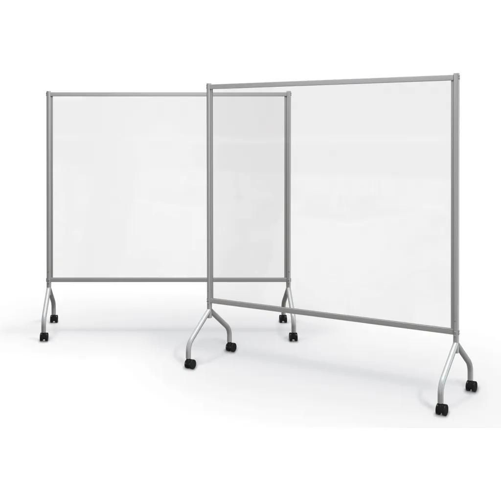 Three white room dividers with a silver frame and black wheels