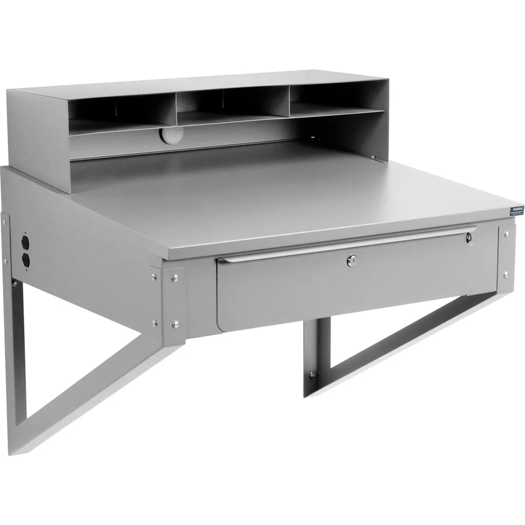 A workstation with a empty top surface and a shelf
