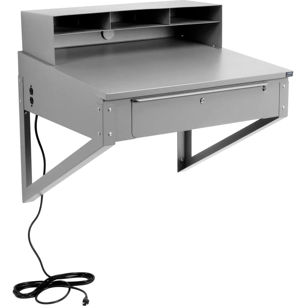 A workstation with a empty top surface and a shelf from another angle