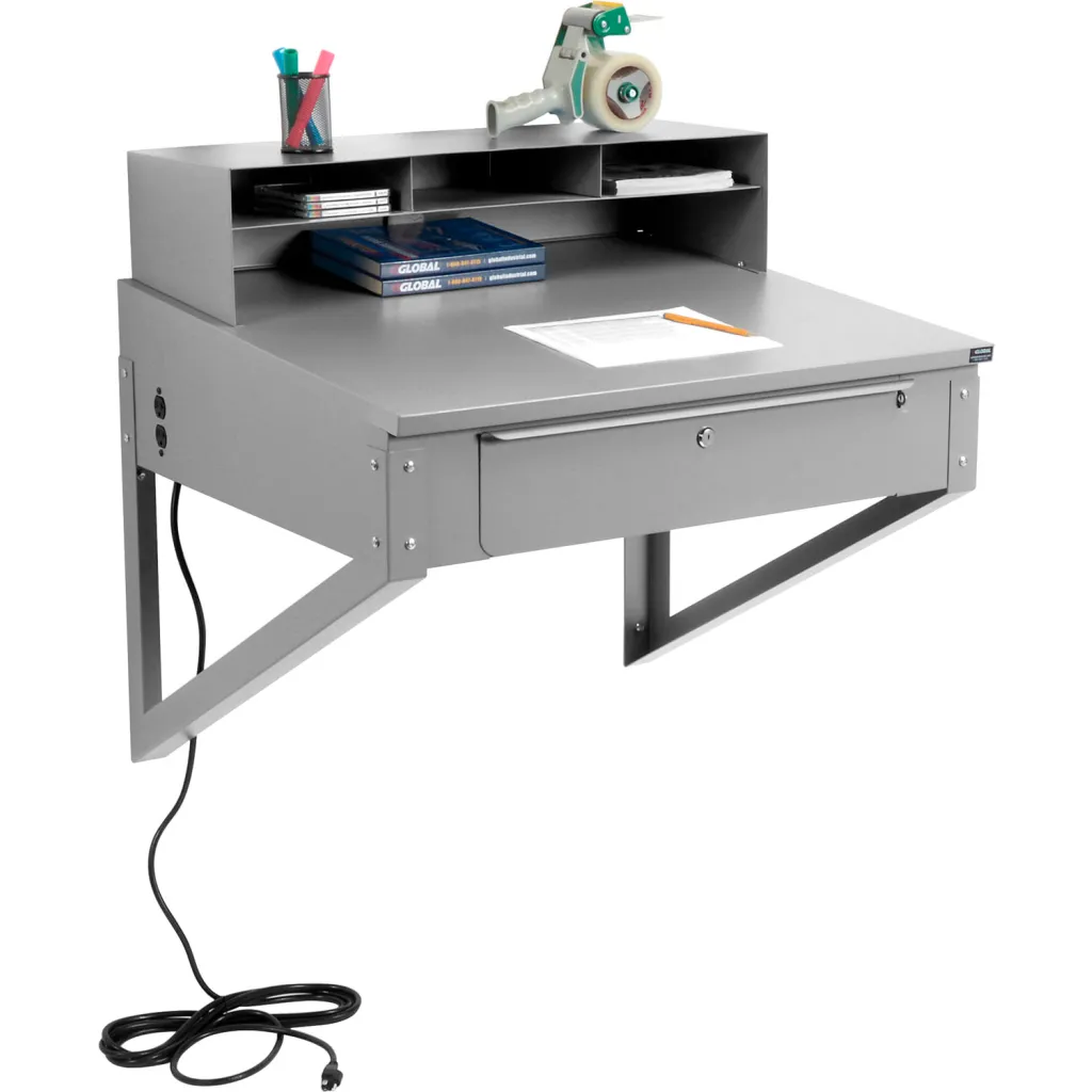 A workstation with various office supplies on the top surface from another angle