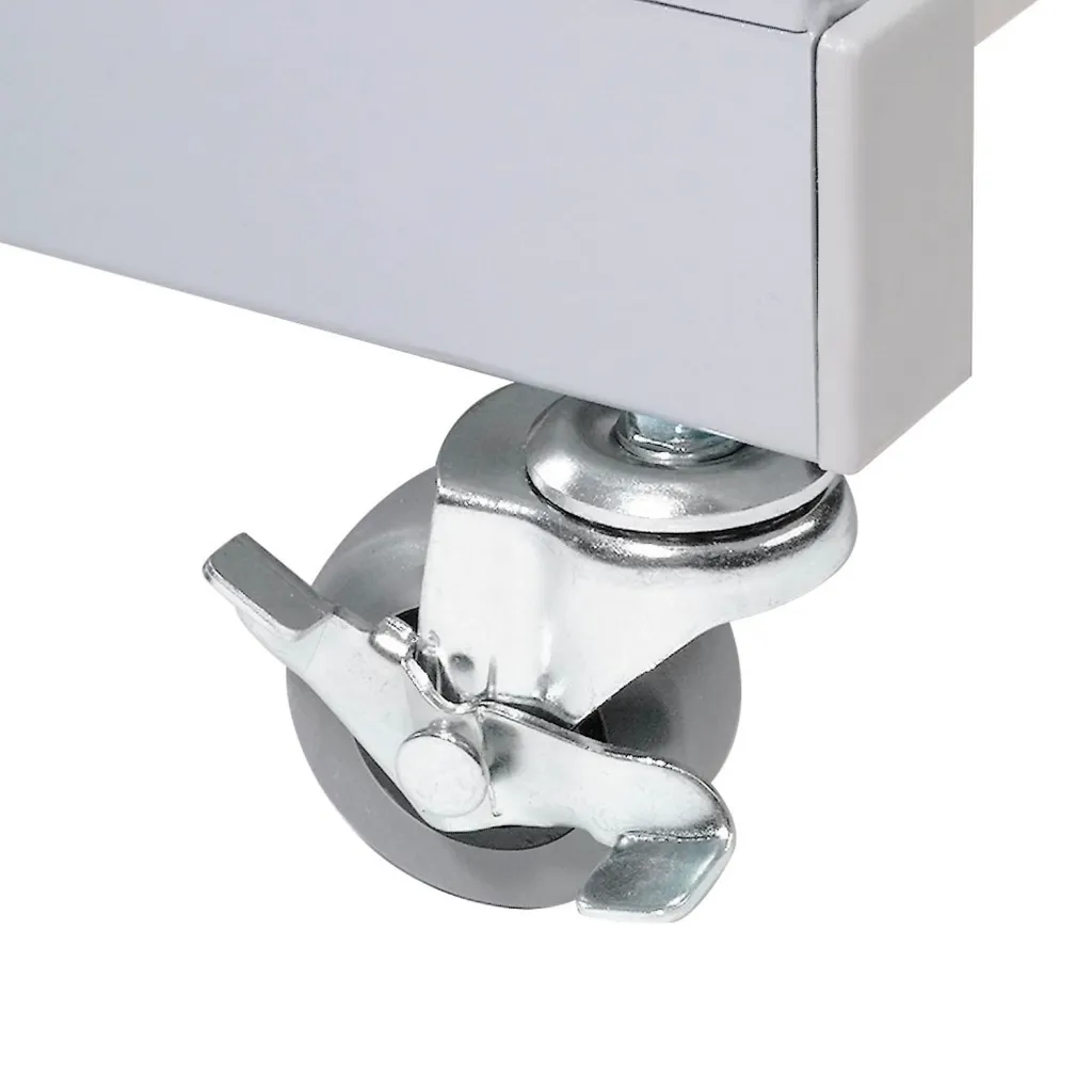 a close-up of a caster wheel on a shelving unit