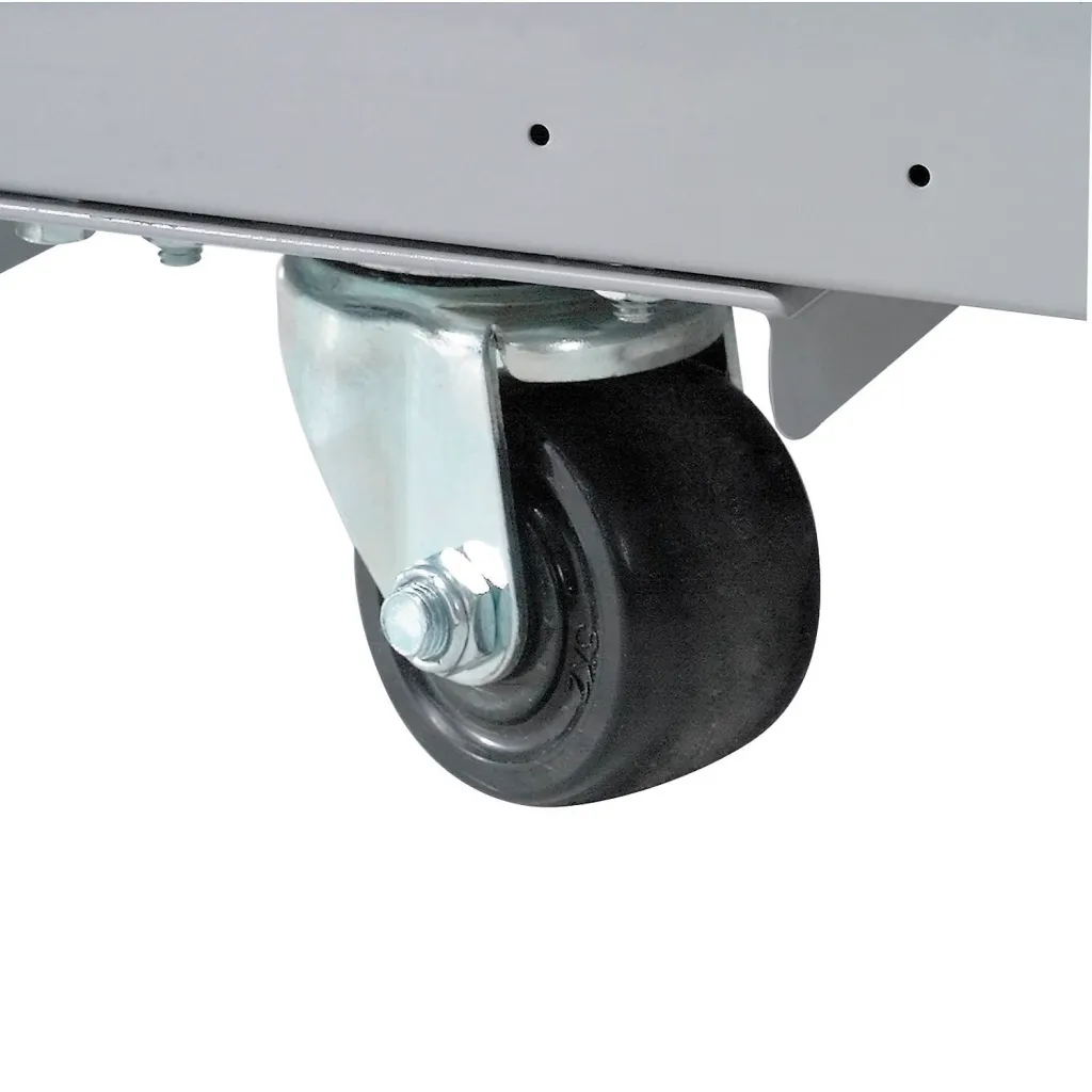 a close-up of another caster wheel on a shelving unit
