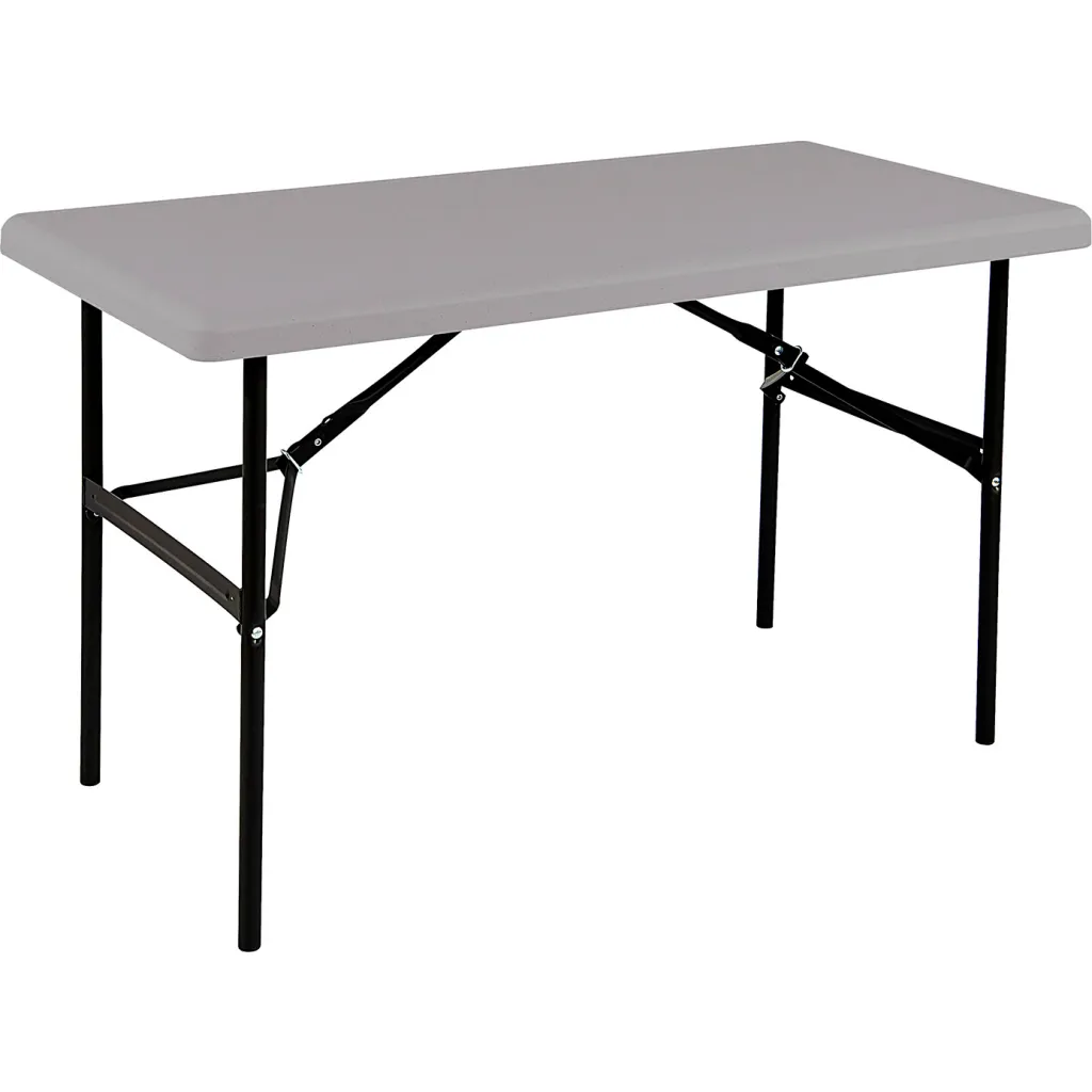 A gray folding table with black metal legs from a different angle