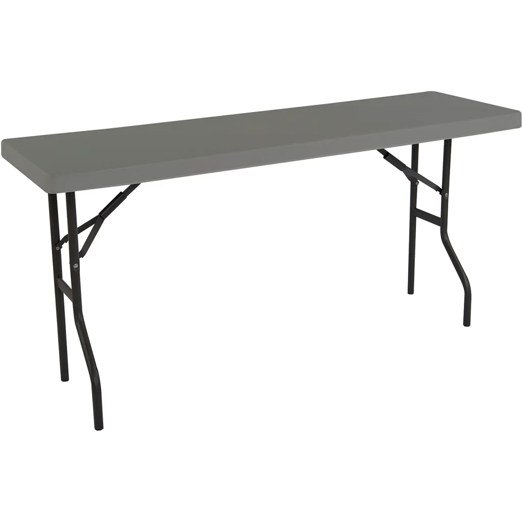 A gray folding table with black metal legs from an angle.