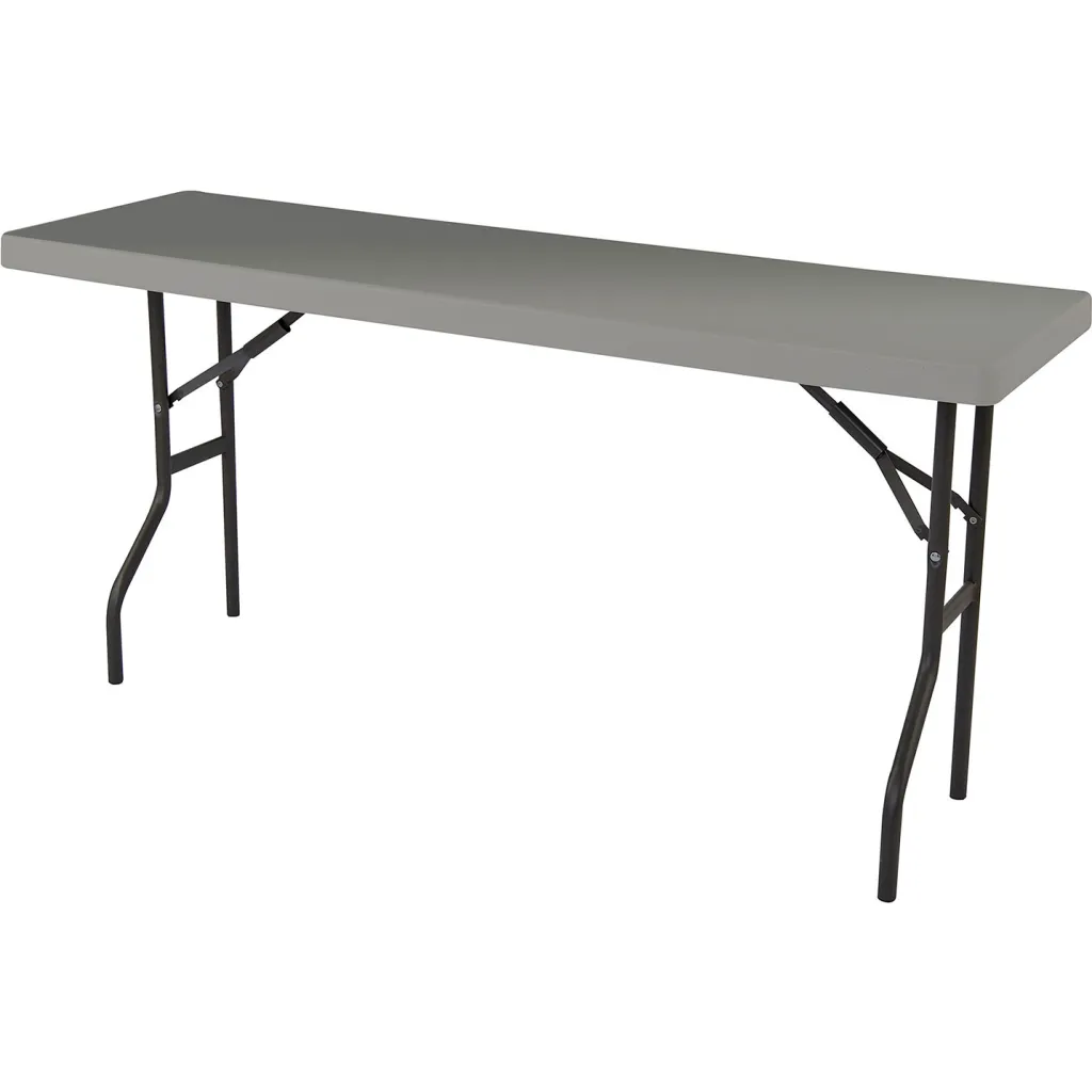 A gray folding table with black metal legs from another angle.