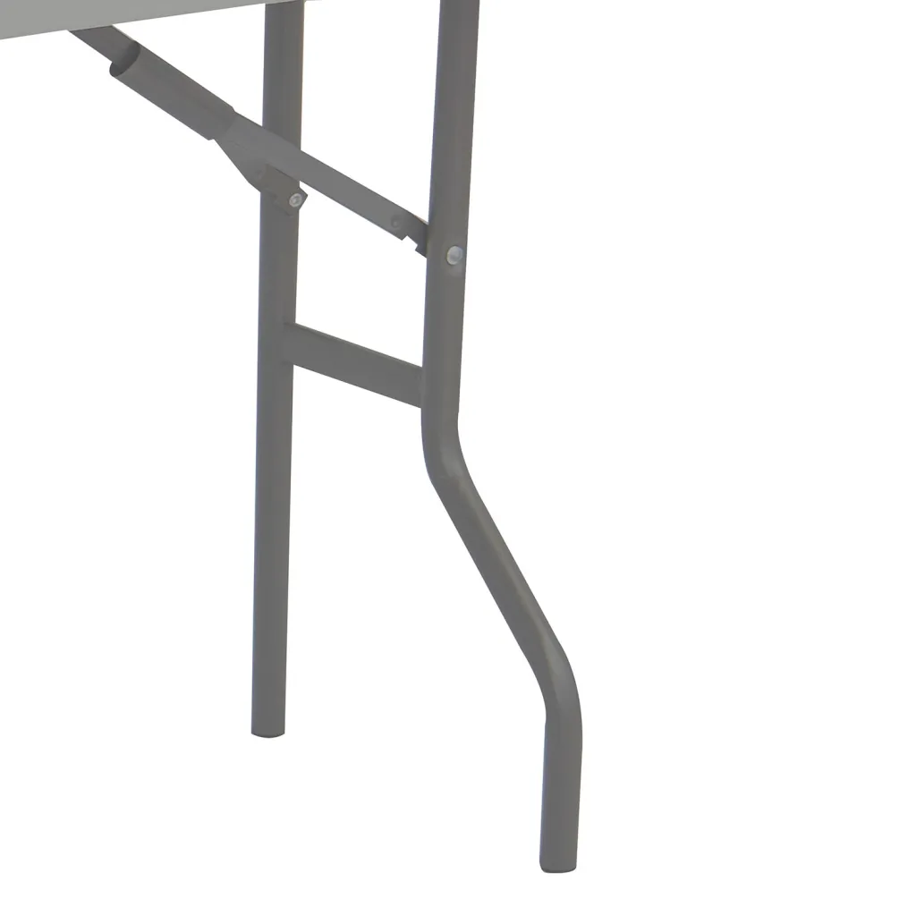 A close-up of the black metal leg of a gray folding table.