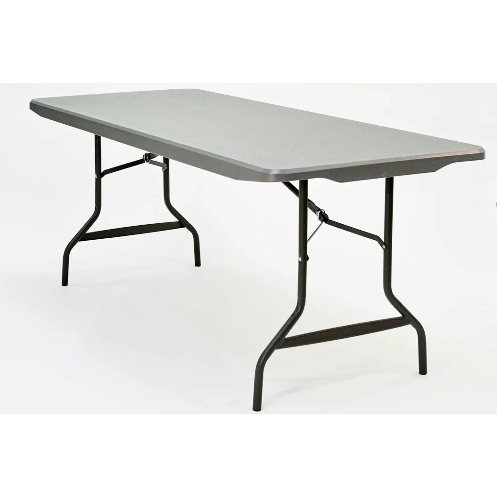 Folding table with gray surface and black metal legs