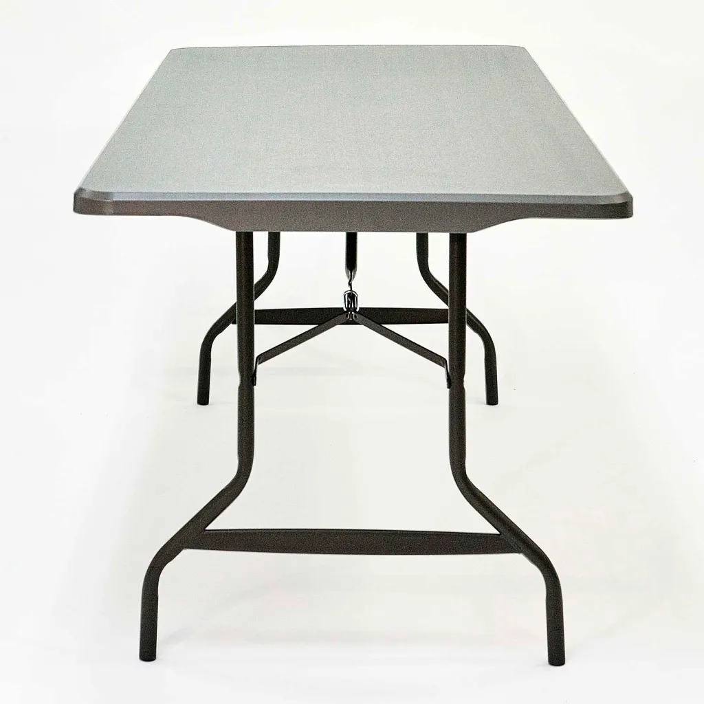 Folding table with gray surface and black metal legs from top