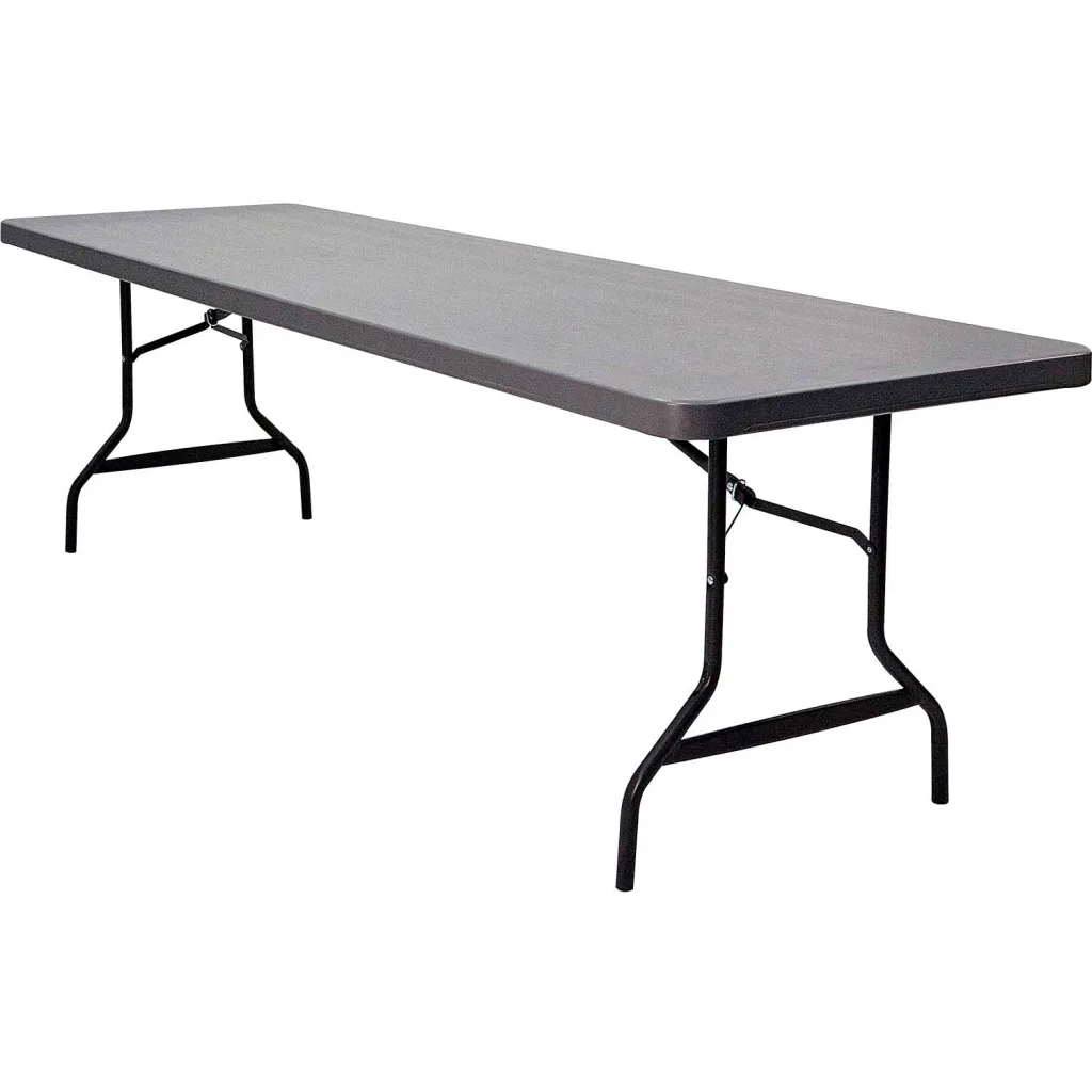 Folding table with gray surface and black metal legs