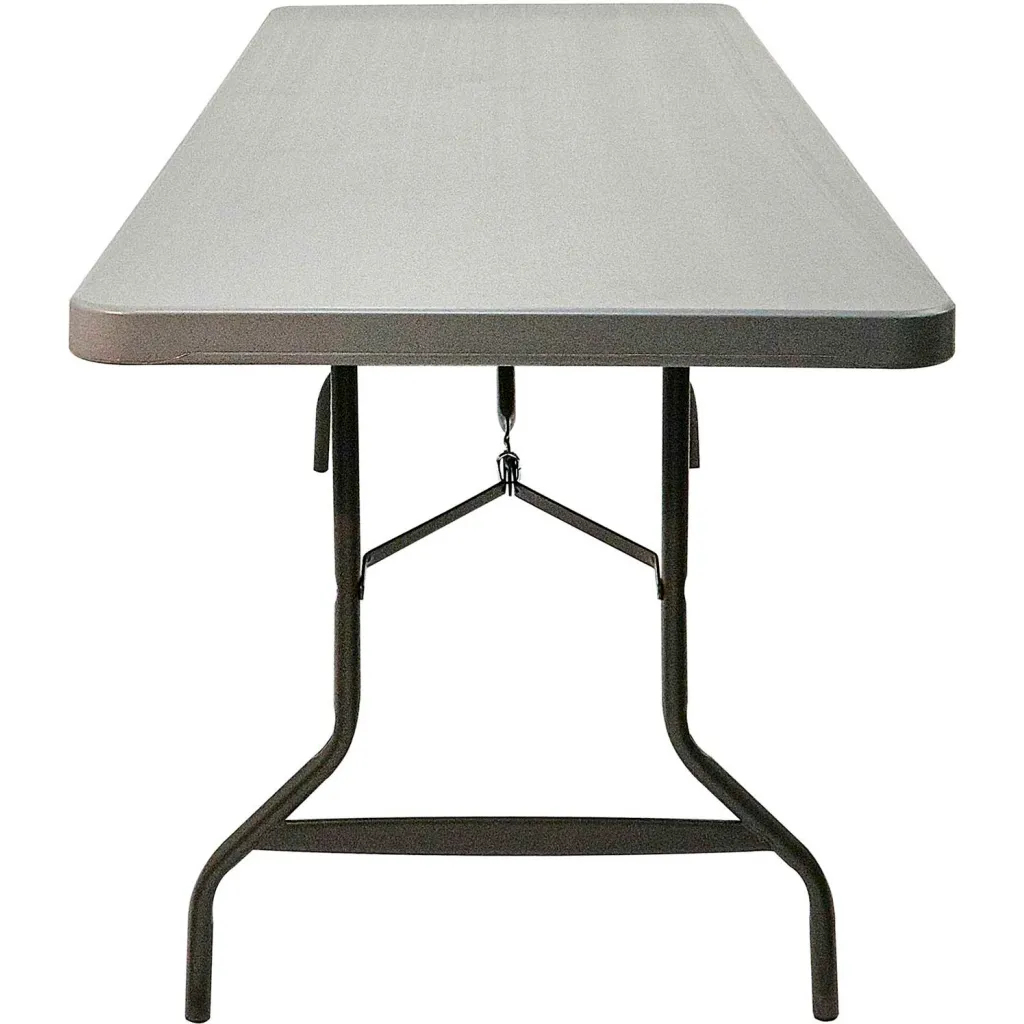 Folding table with gray surface and black metal legs from top view