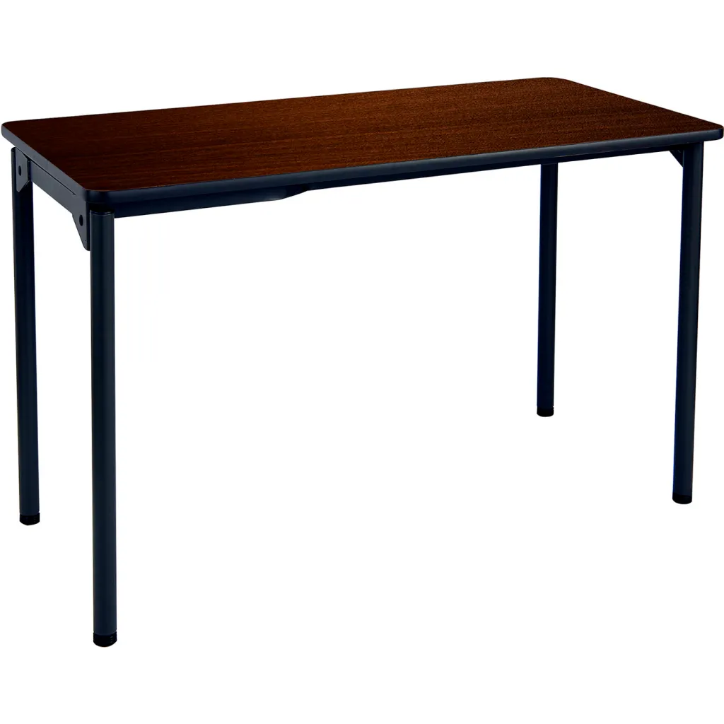A brown wooden table with black metal legs from another angle