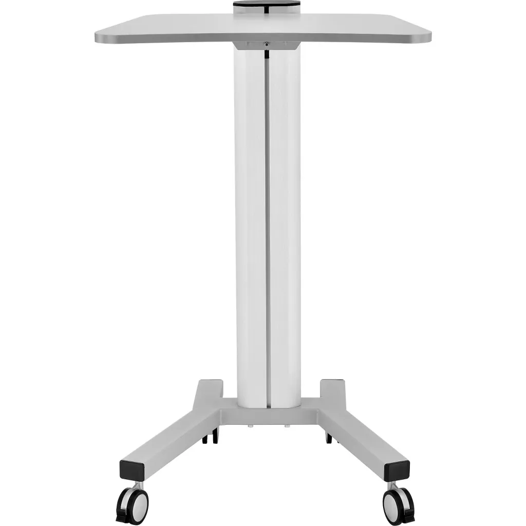 A white mobile sit-stand workstation base with four casters.