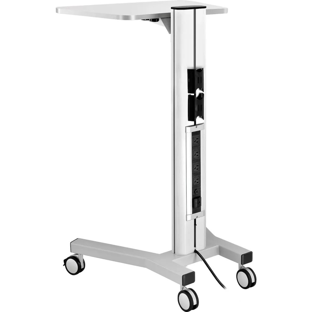 A white mobile sit-stand workstation with a power strip and four casters.