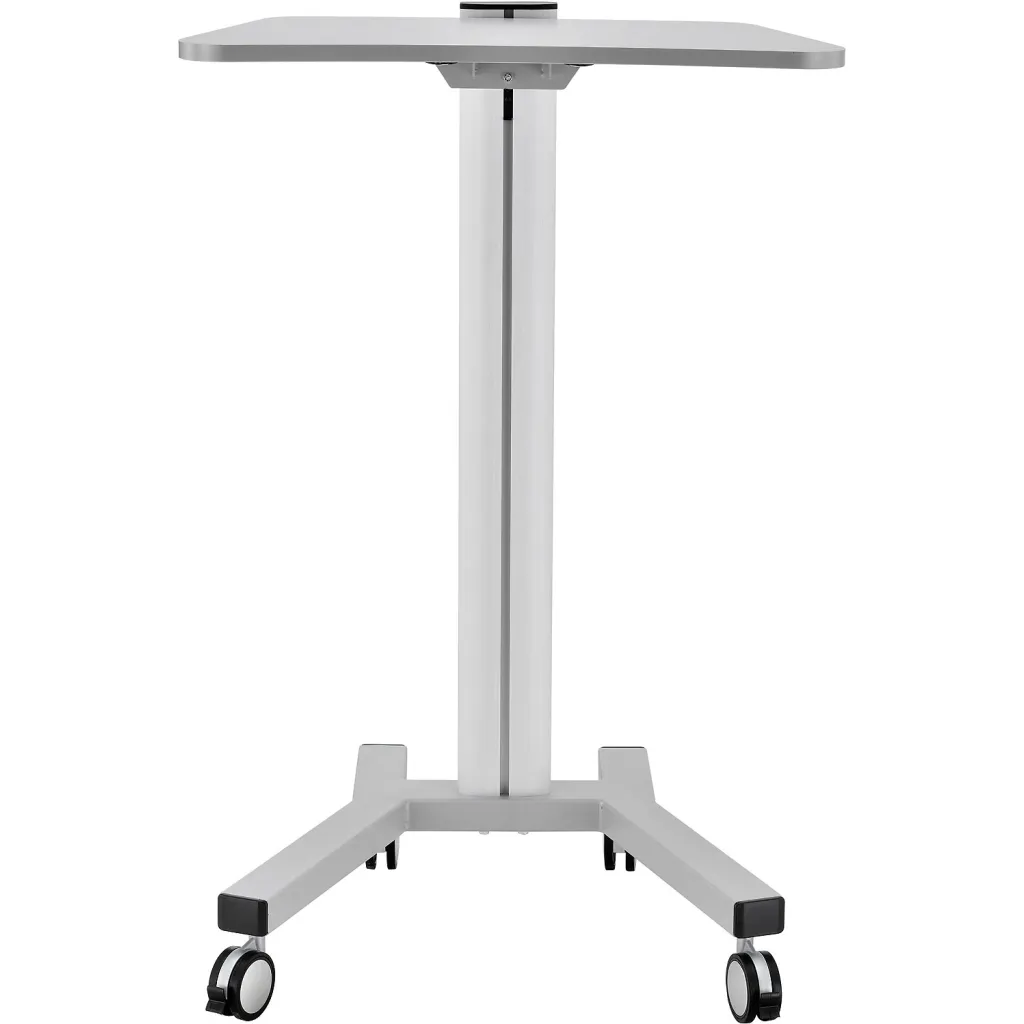 A white sit-stand workstation with a silver frame and black accents