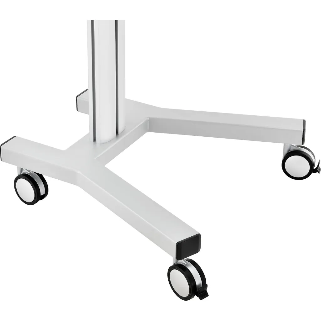 The base of a white mobile sit-stand workstation with four black casters