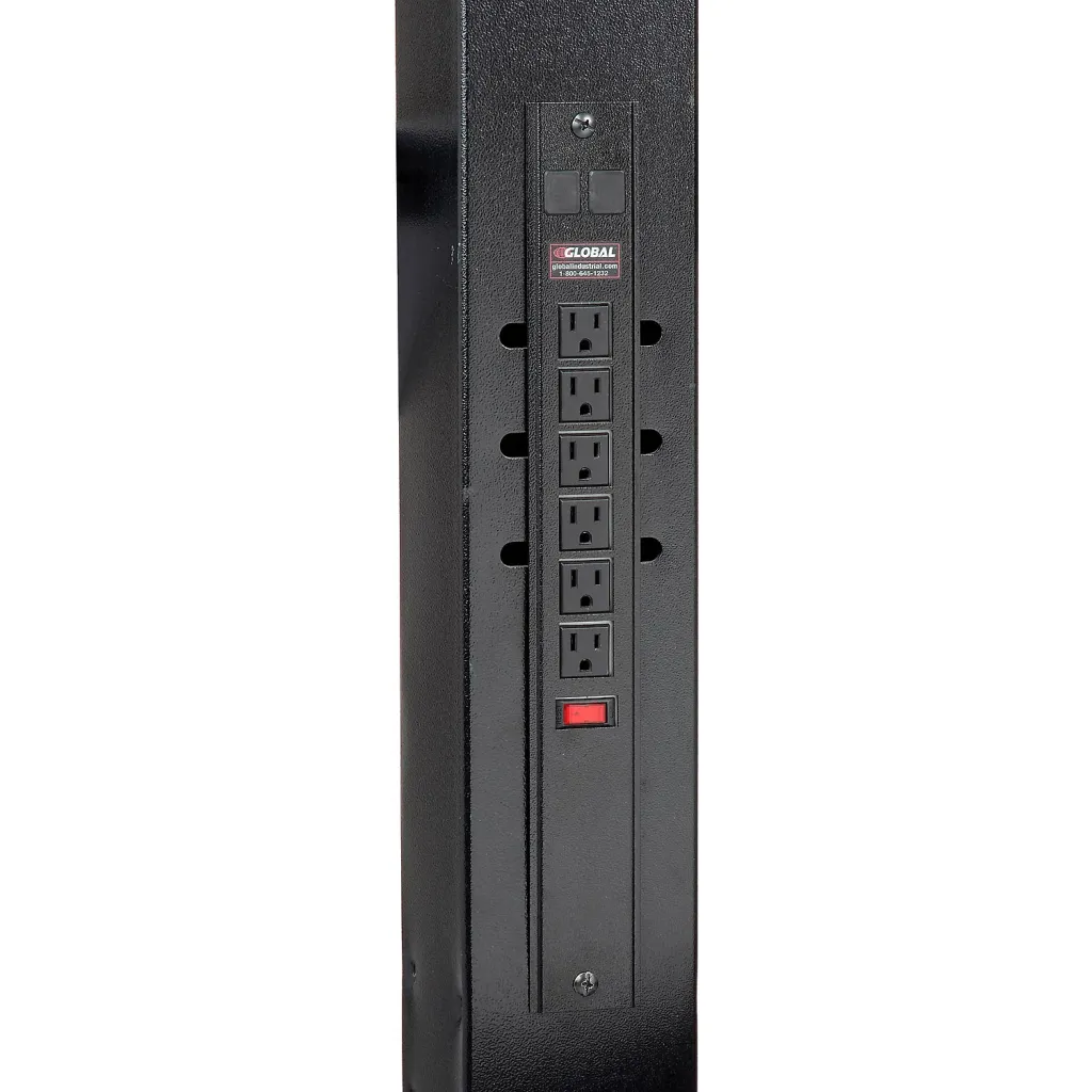 Close-up of the power strip on the rolling cart