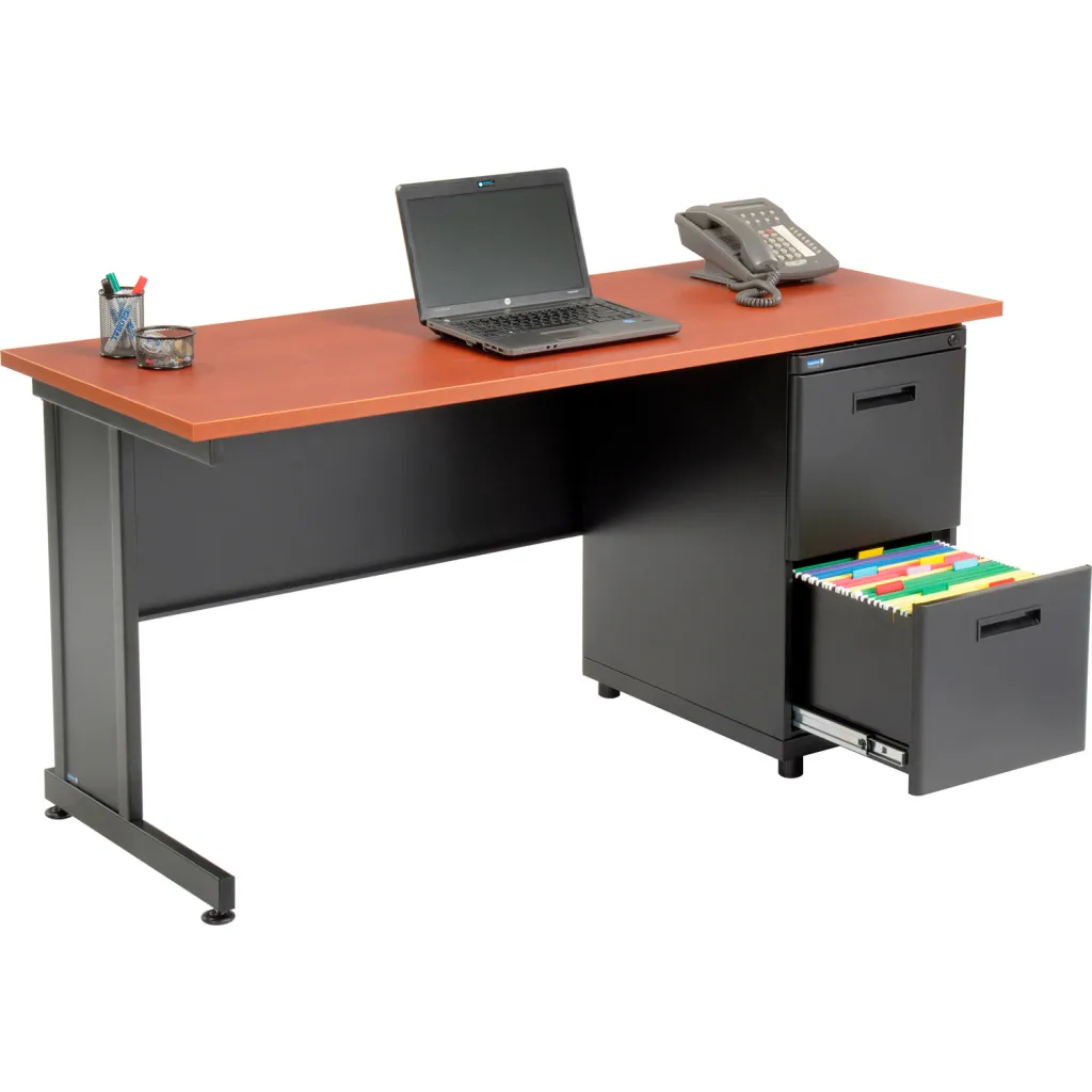 Office desk with a laptop, phone, and office supplies with a drawer open