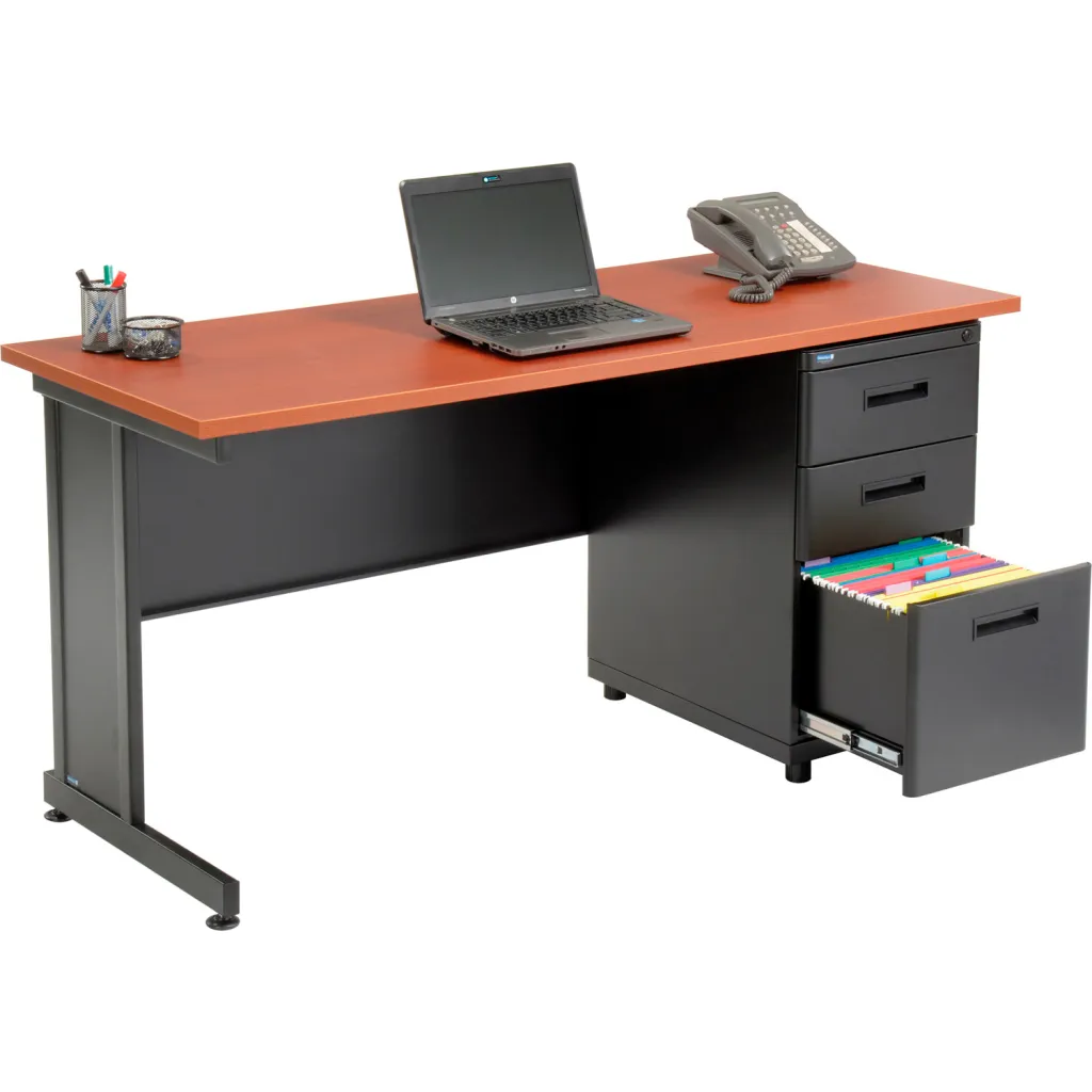 A black and brown desk with a laptop, phone, and office supplies on it, with a drawer open.