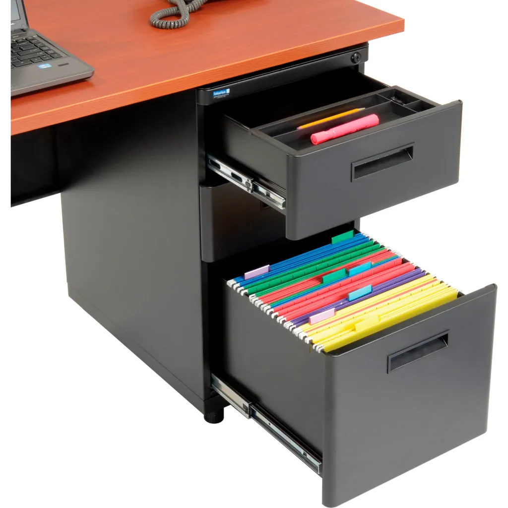 A close-up of a desk drawer with colorful file folders.
