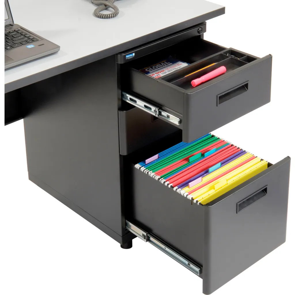 Rear and right-side view of the desk emphasizing the three-drawer pedestal and open leg design for stability.