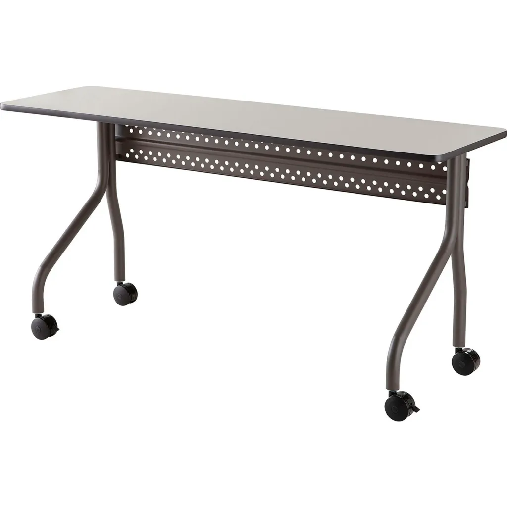 A gray table with metal legs and casters from a different angle
