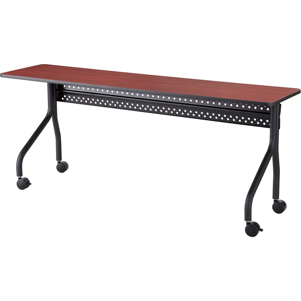 A rectangular table with a red wood grain surface and black metal legs with casters.