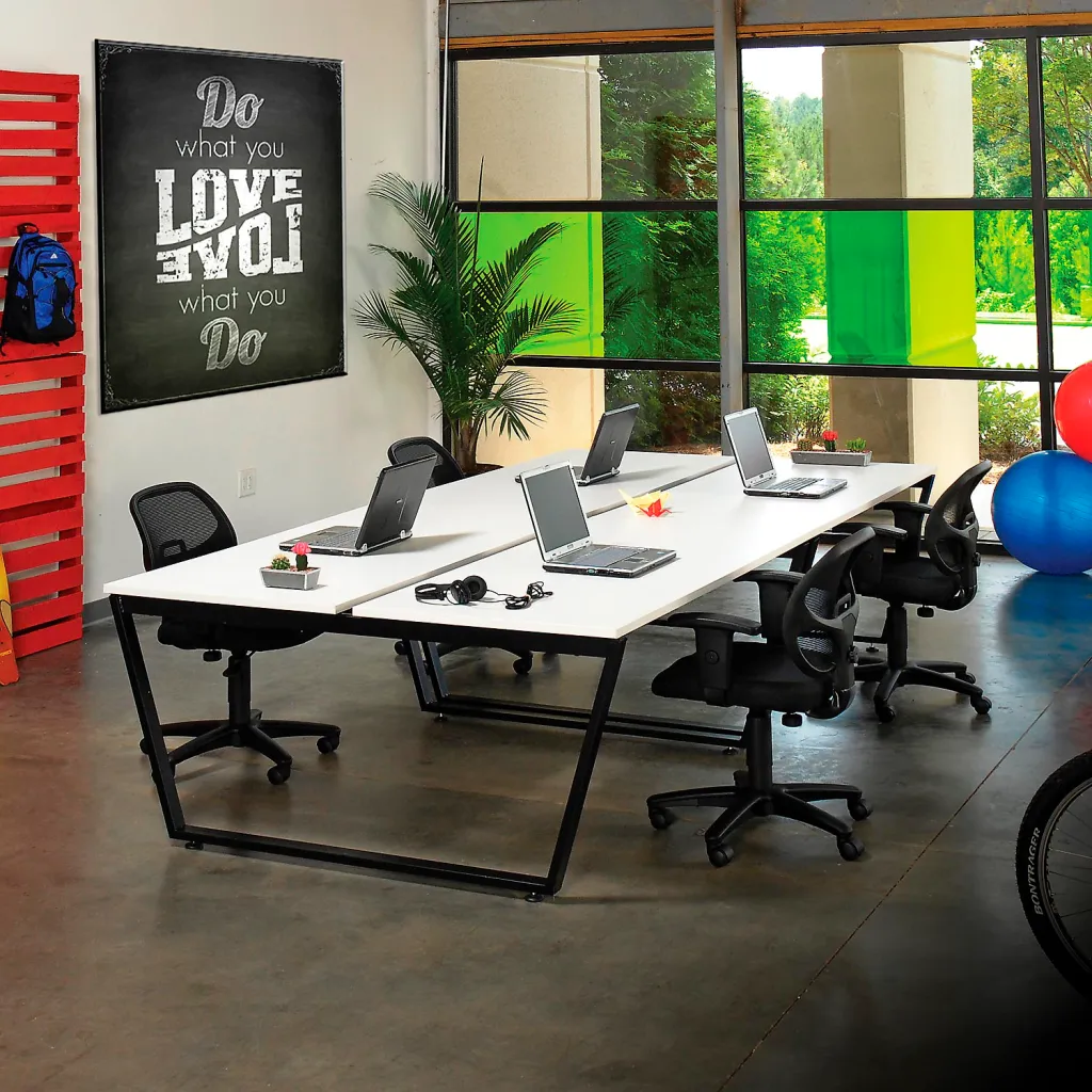 Office desk with white top and black metal frame