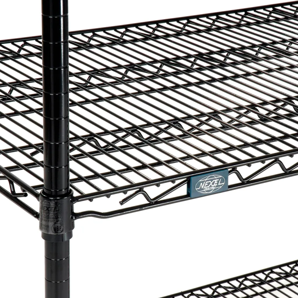 A close-up of a black wire shelf.