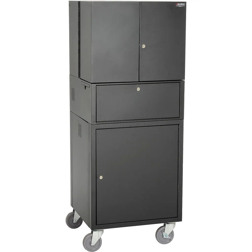 A black office cart with closed doors and drawers.