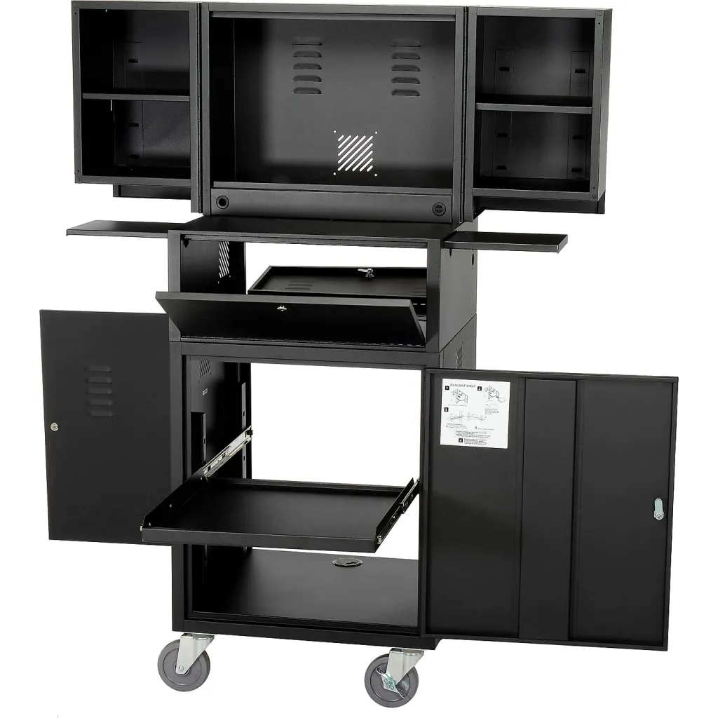 A black office cart with open doors and drawers, showing empty compartments.