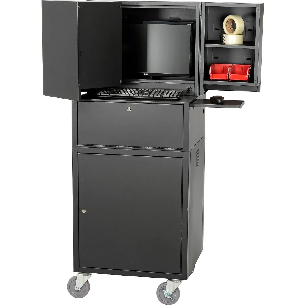 A black office cart with a monitor, keyboard, and various storage compartments.