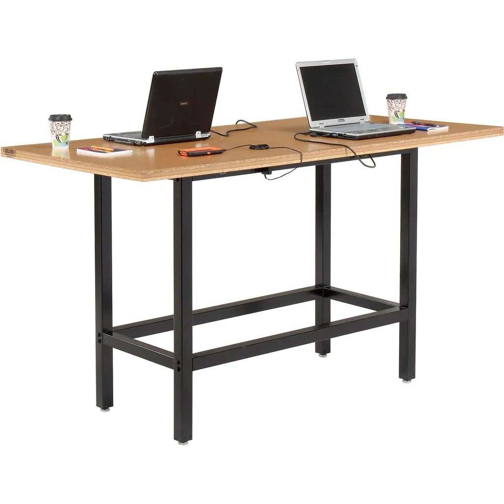 standing desk with black frame and wooden top