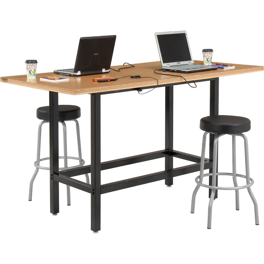 standing desk with black frame and wooden top and two stools