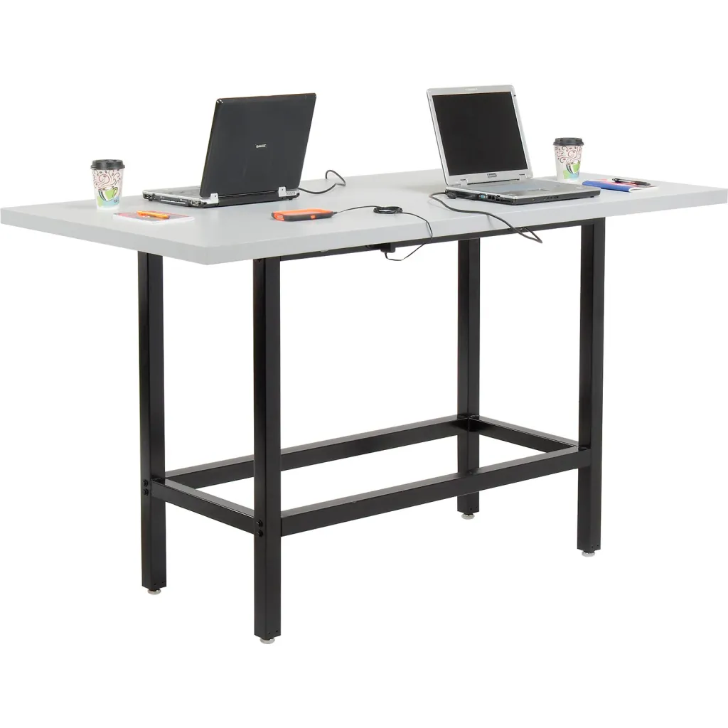 Standing desk with two laptops and coffee cups from different angle