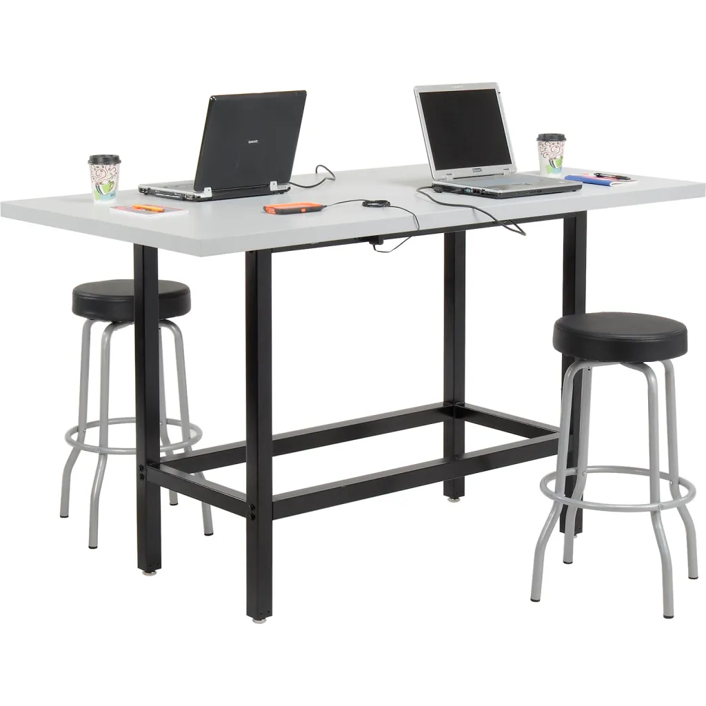 Standing desk with two stools and two laptops