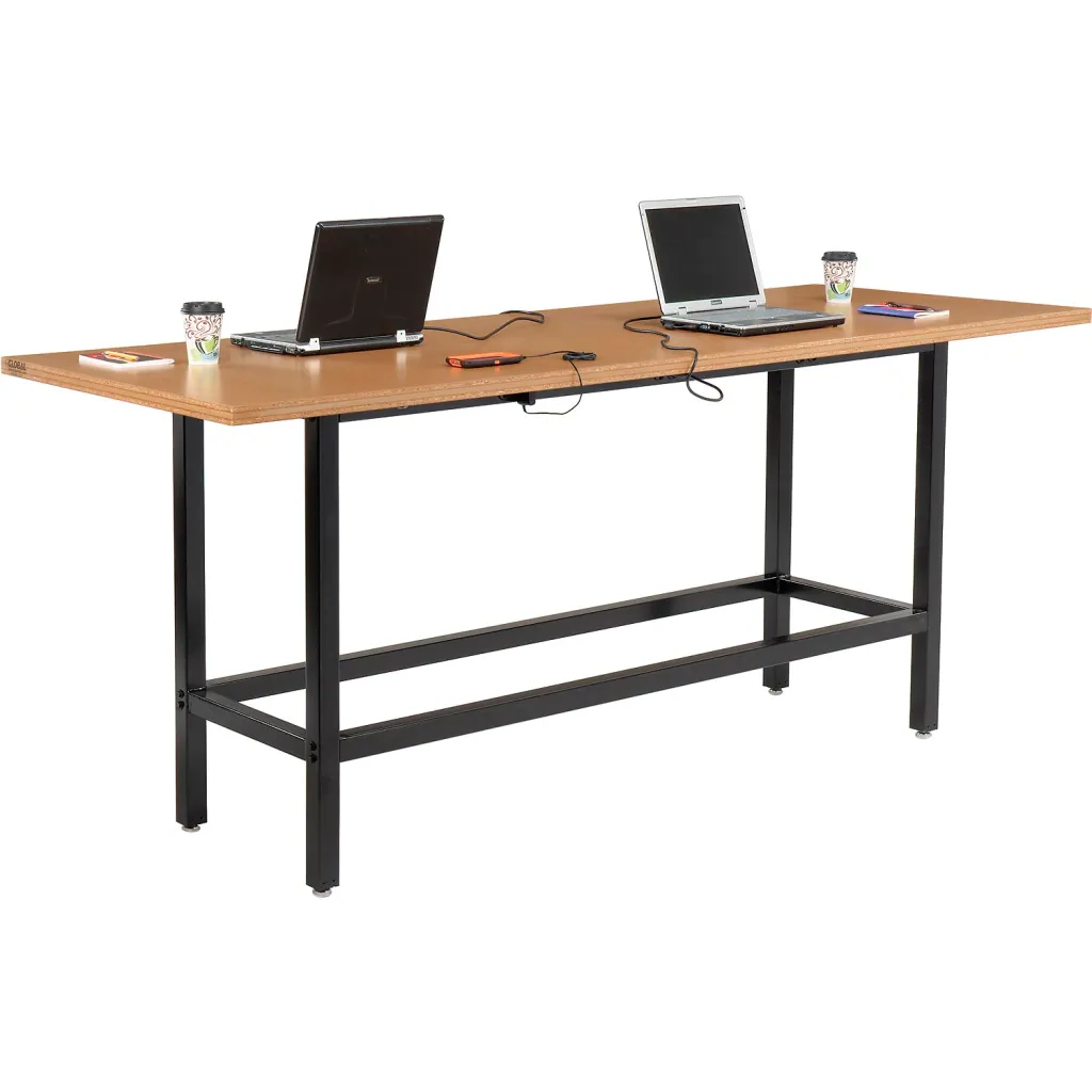 Standing desk with two laptops and two stools