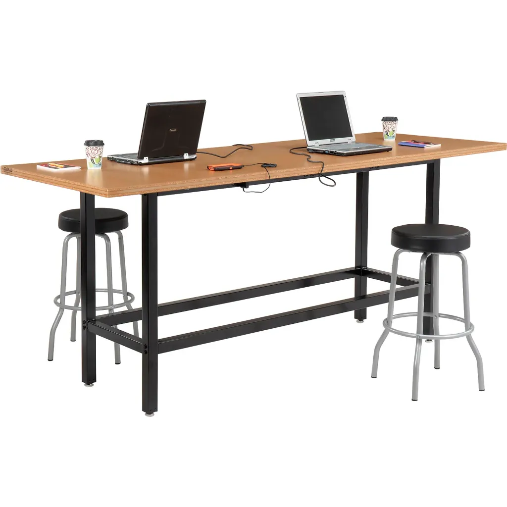 Standing desk with two laptops and two stools