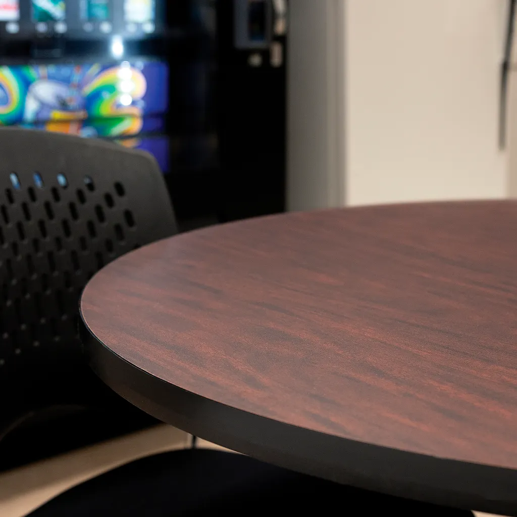 Close-up of dark wood grain table top with black chair