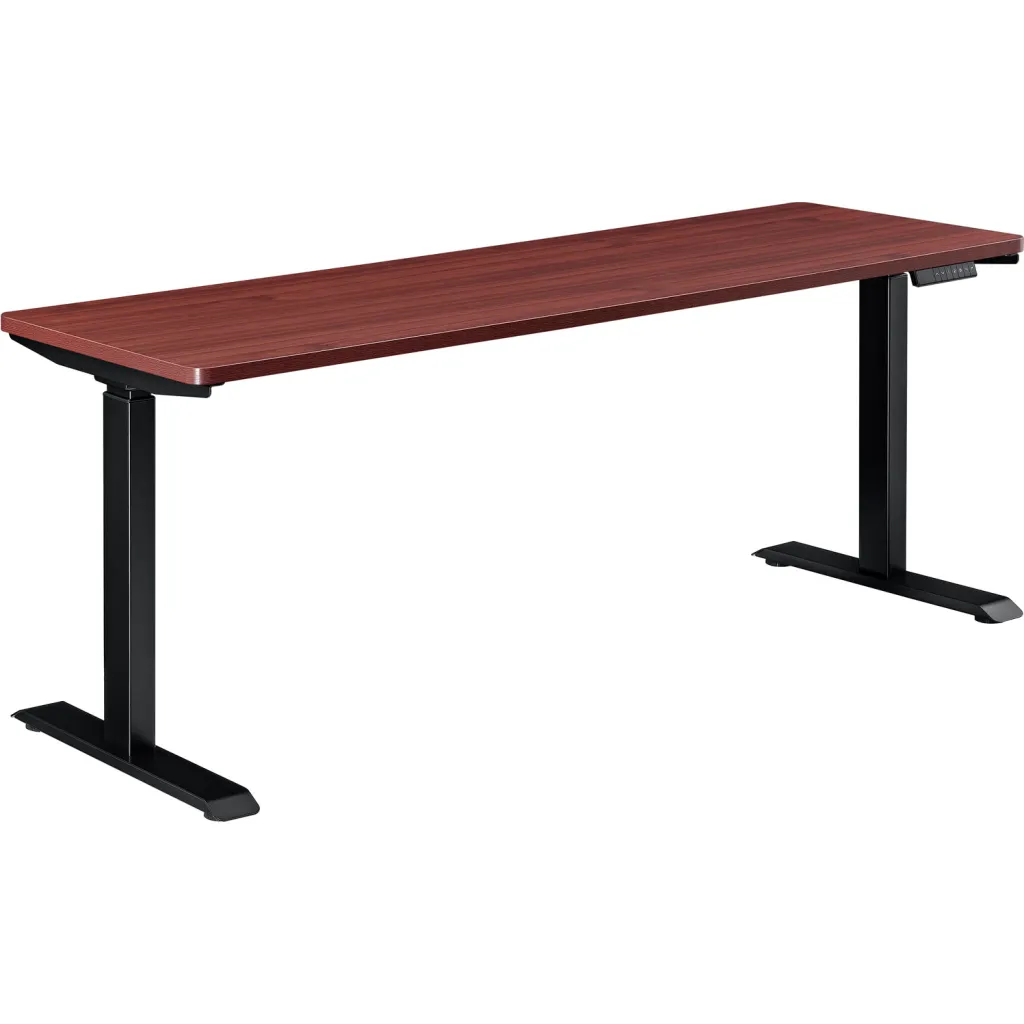 Standing desk with brown wood grain top and black metal legs