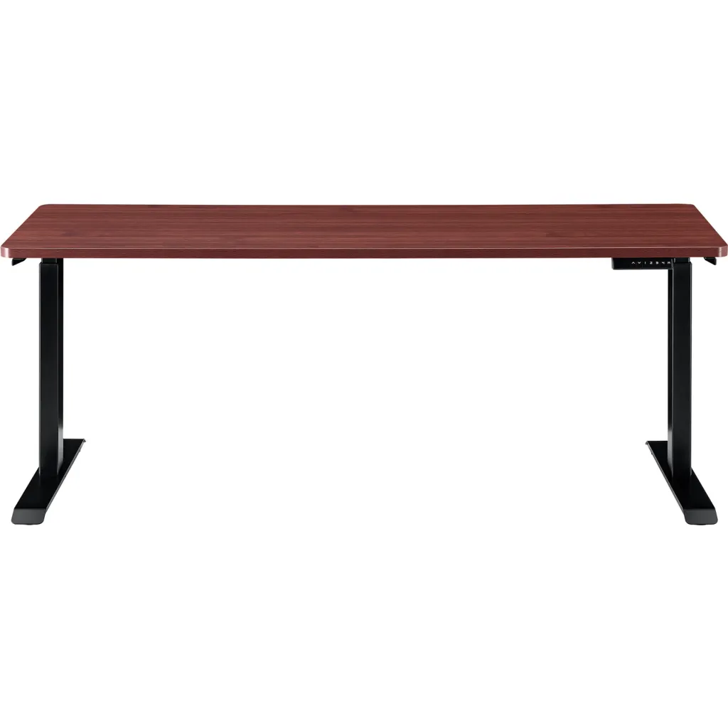 Standing desk with brown wood grain top and black metal legs from front