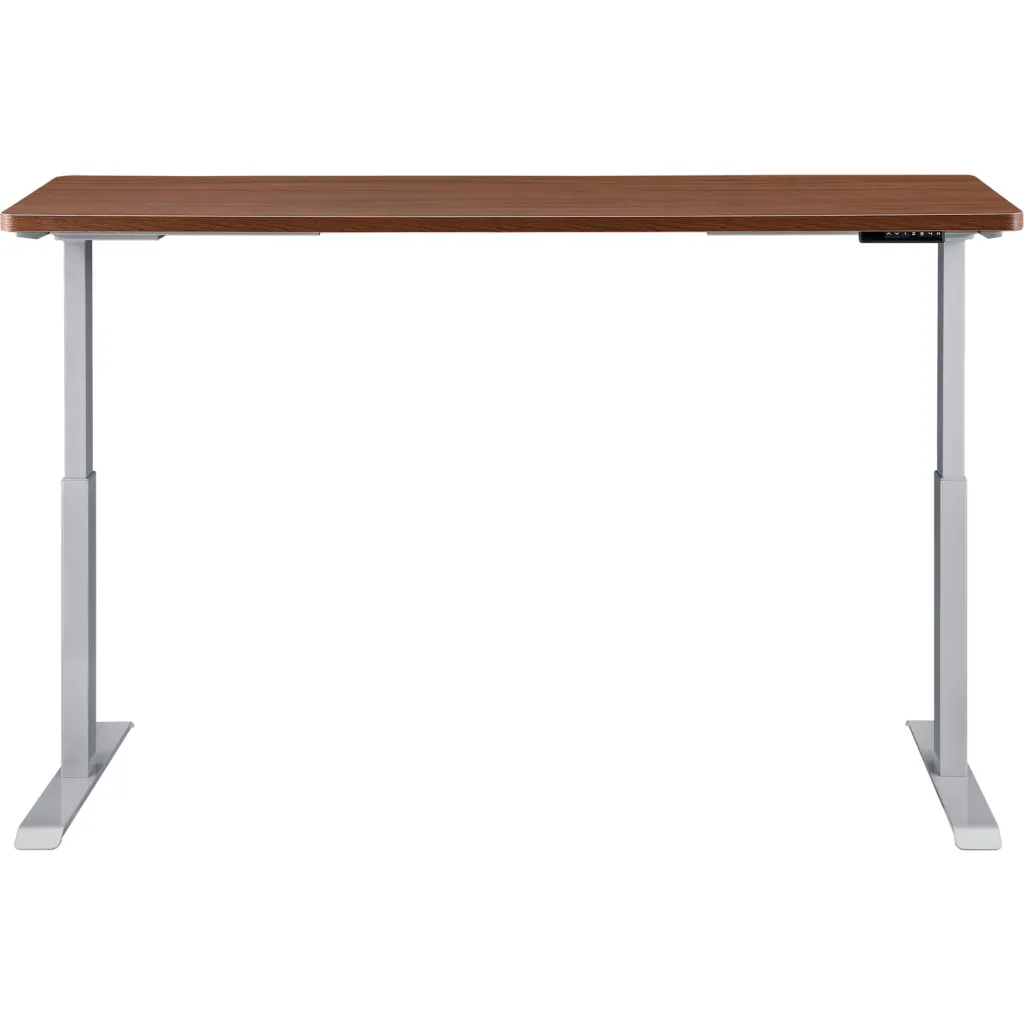 Brown wooden desk with silver metal legs from front