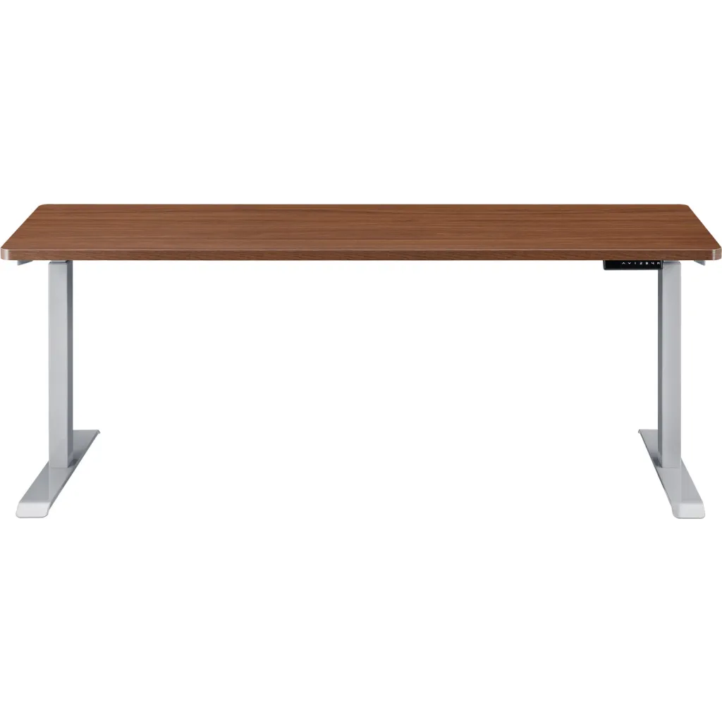 Brown wooden desk with silver metal legs from side