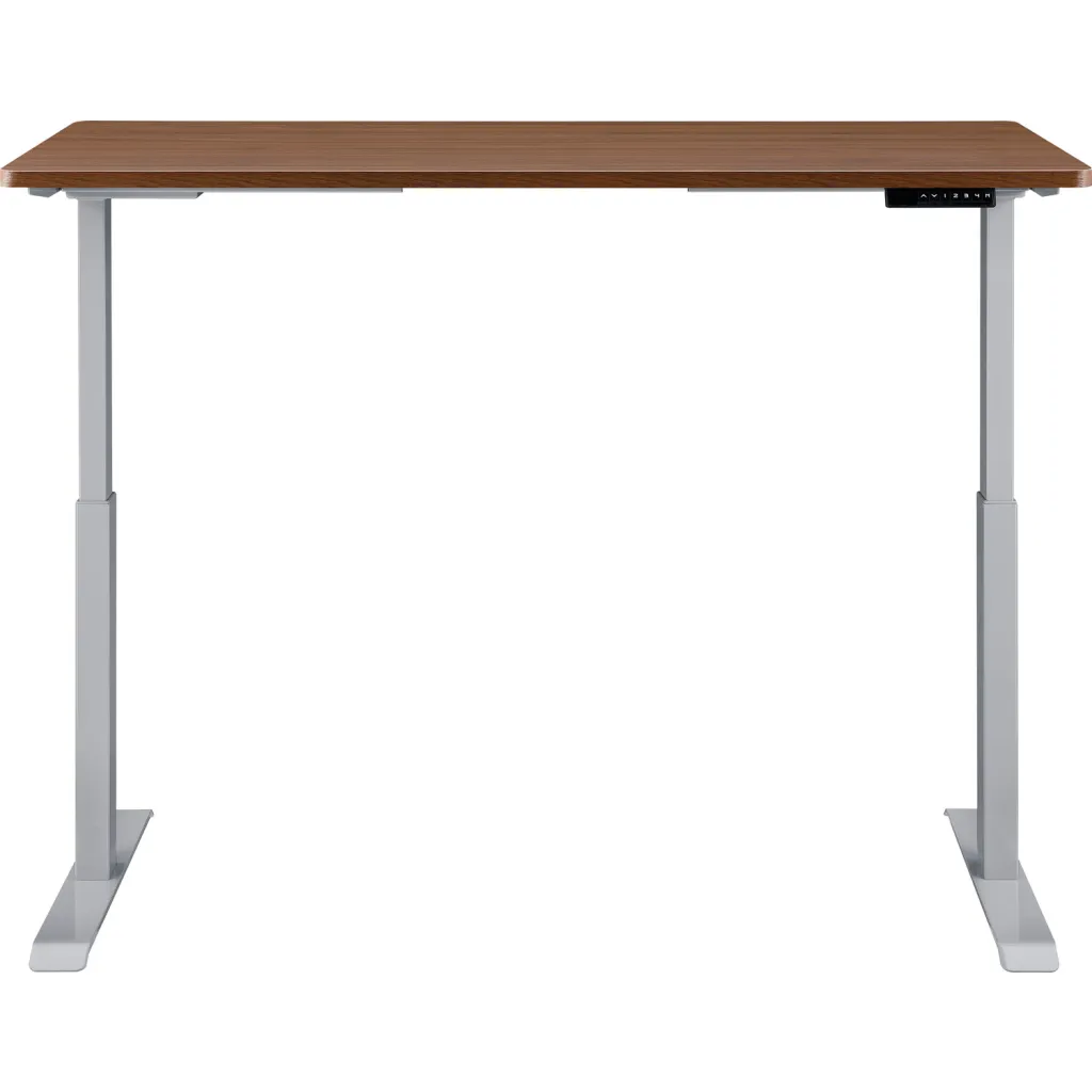 Brown wooden desk with silver metal legs from front