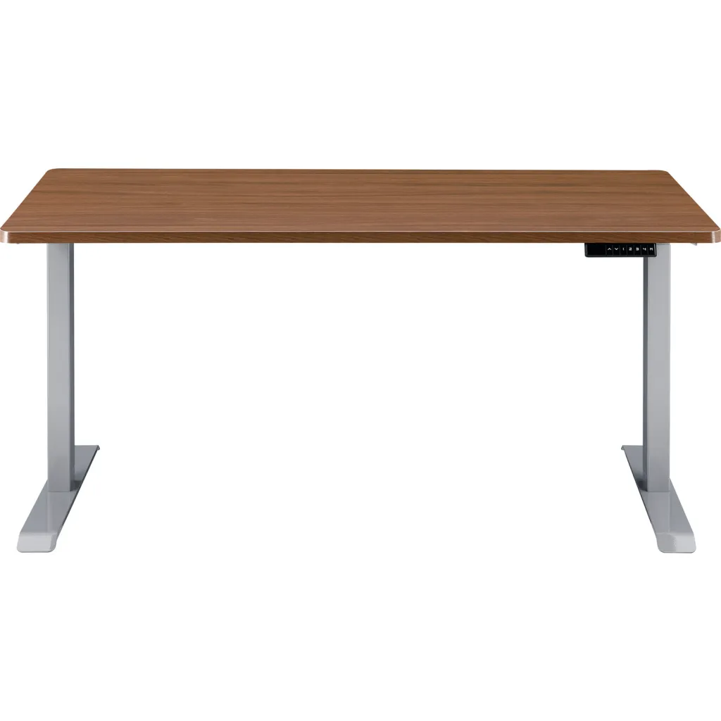 Brown wooden desk with silver metal legs from front