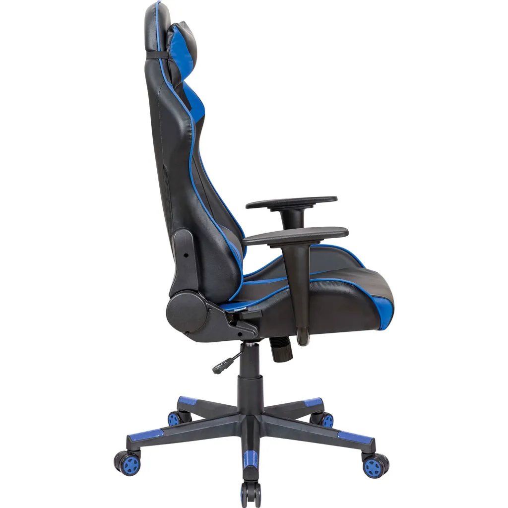 Black and blue gaming chair from side view
