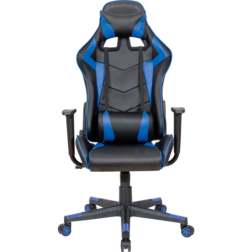 Black and blue gaming chair from front view
