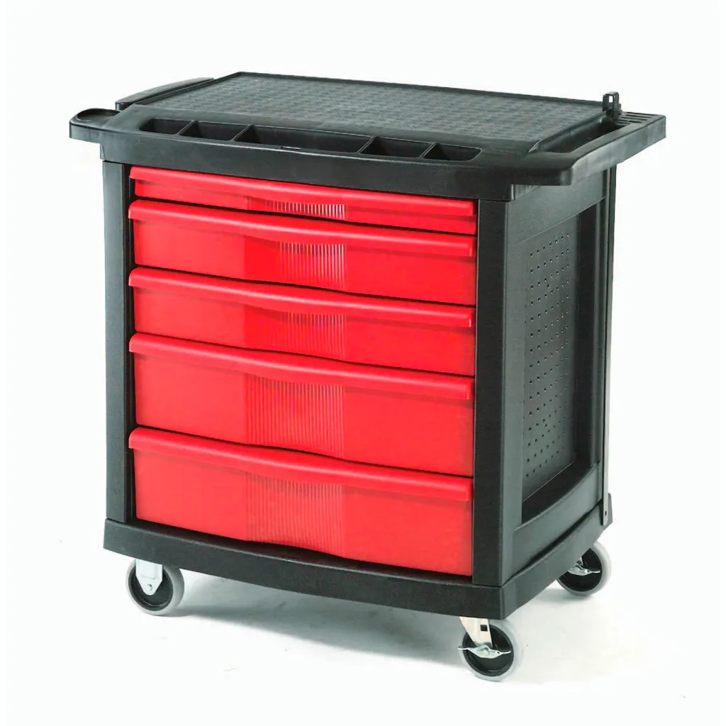 A black and red tool cart with four drawers.