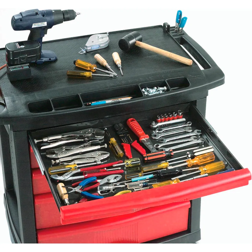 A black and red tool cart with various tools on top and in the drawers.